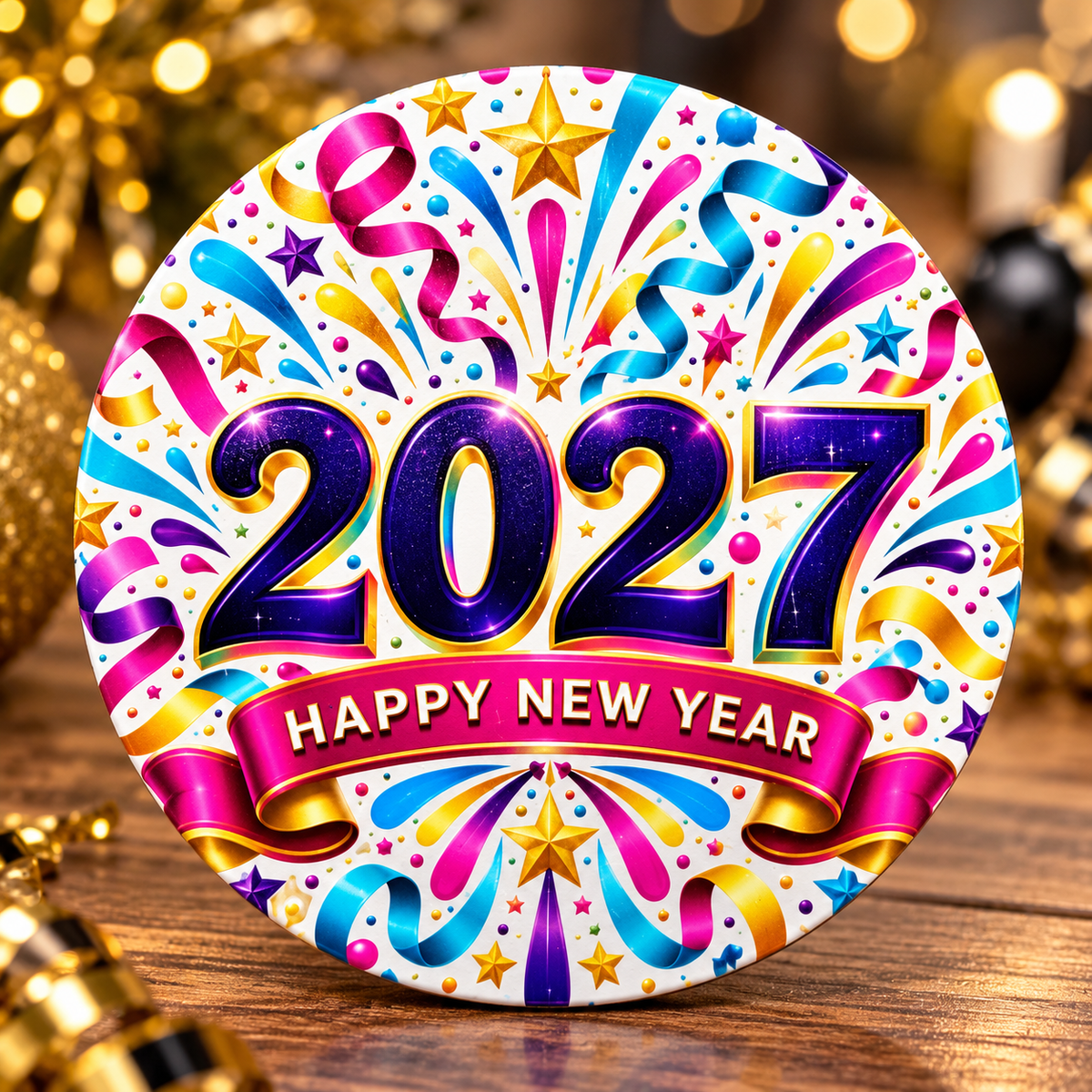 Happy New Year 2027 – Colorful Celebration Wooden Coasters (Set of 2)