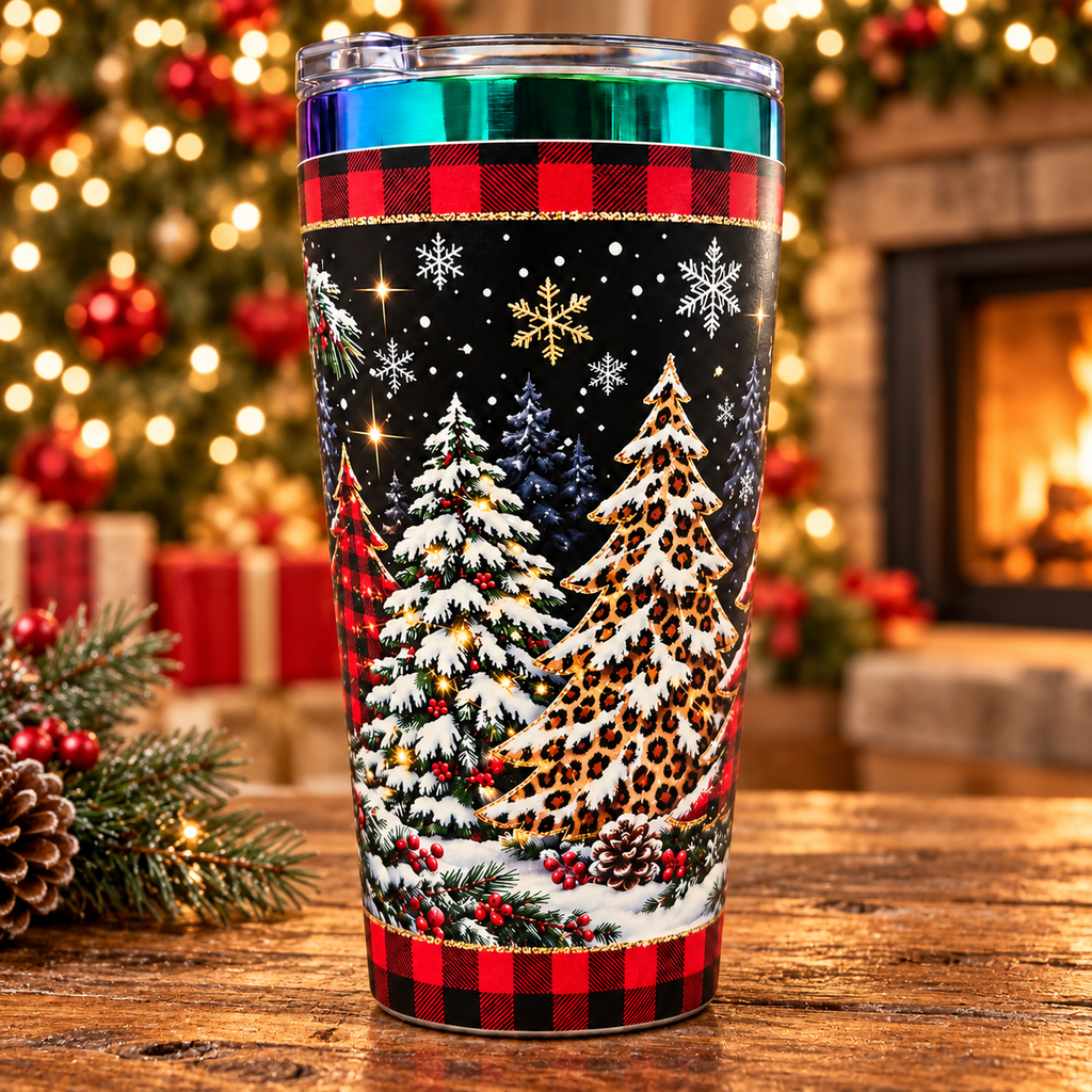 Plaid & Leopard Christmas Trees 30 oz Tumbler with Lid & Straw