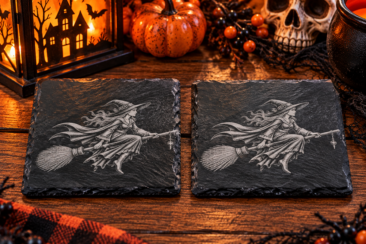 Broomhilda's Midnight Flight – Set of 2 Laser Engraved Slate Coasters