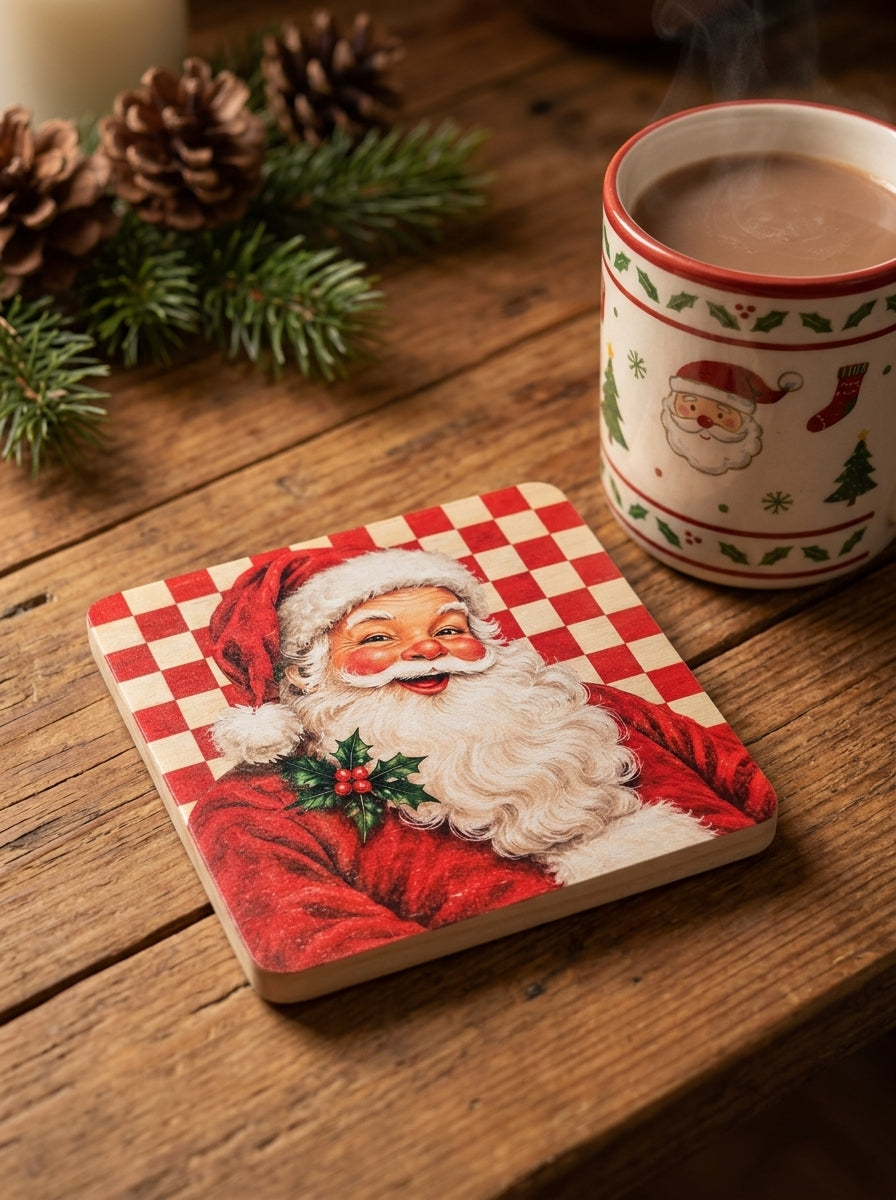 Vintage Jolly Santa Wooden Coaster – (Set of 2)