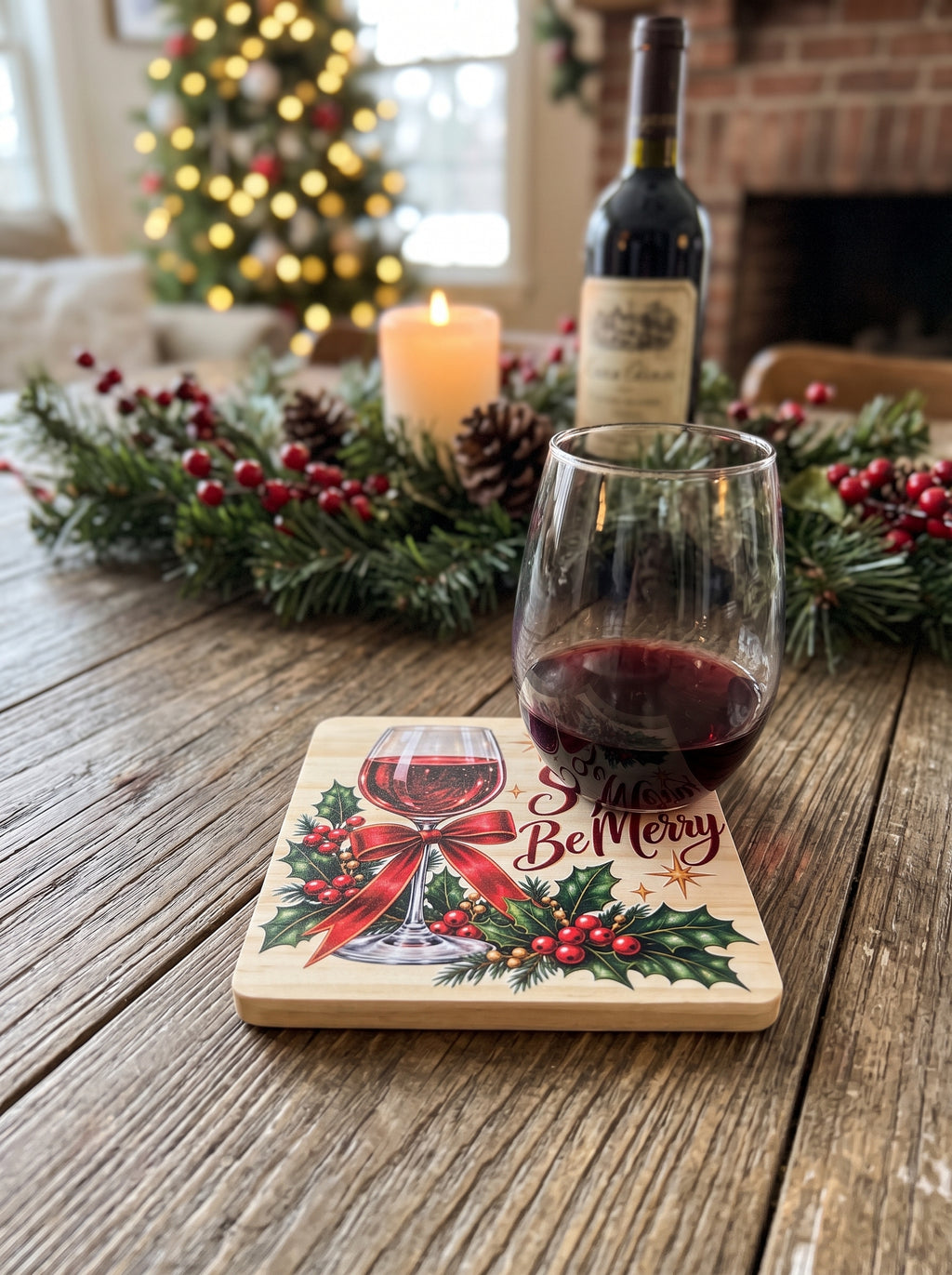 Sip & Be Merry" Wooden Coaster – (Set of 2)
