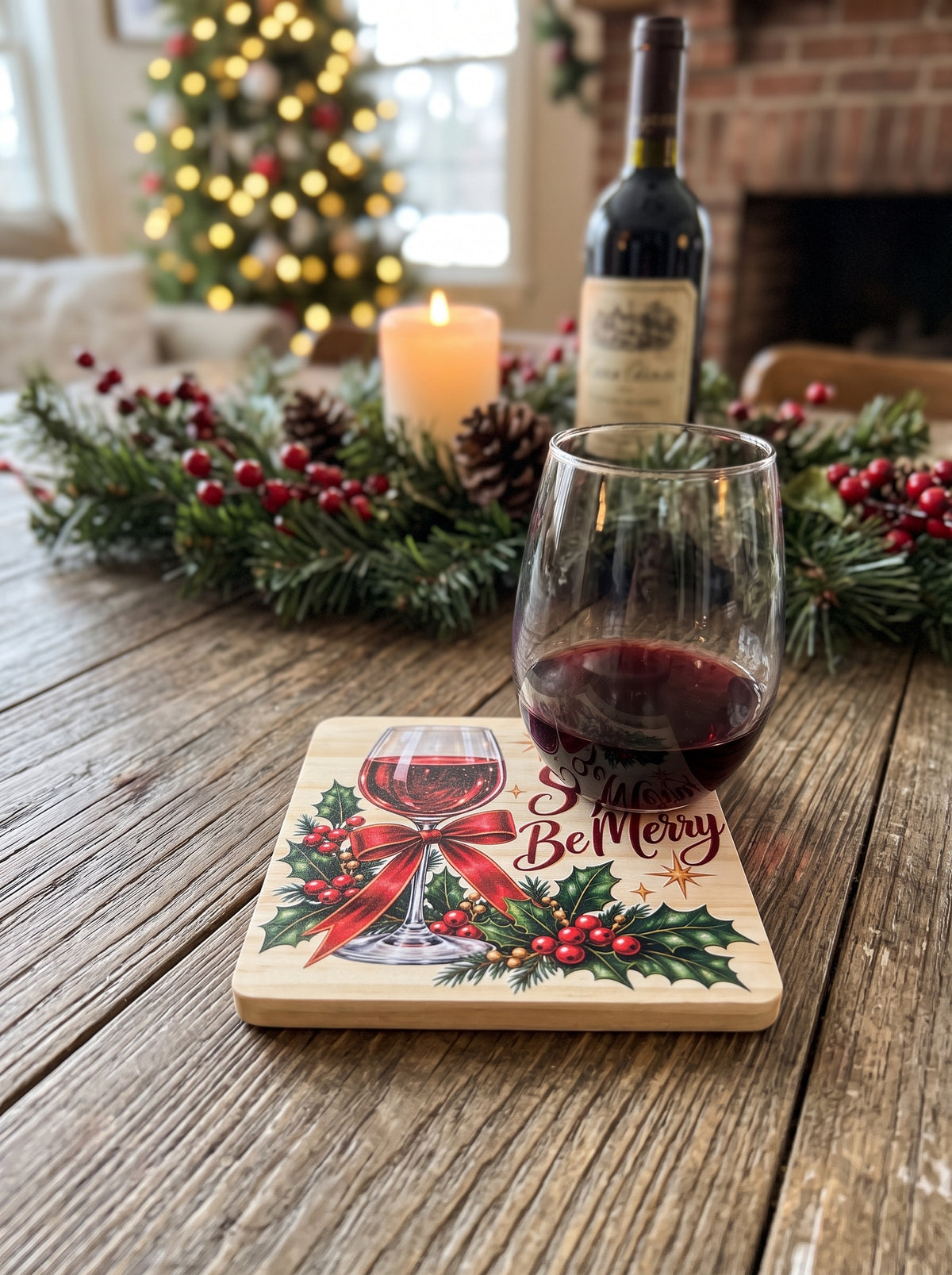 Sip & Be Merry" Wooden Coaster – (Set of 2)
