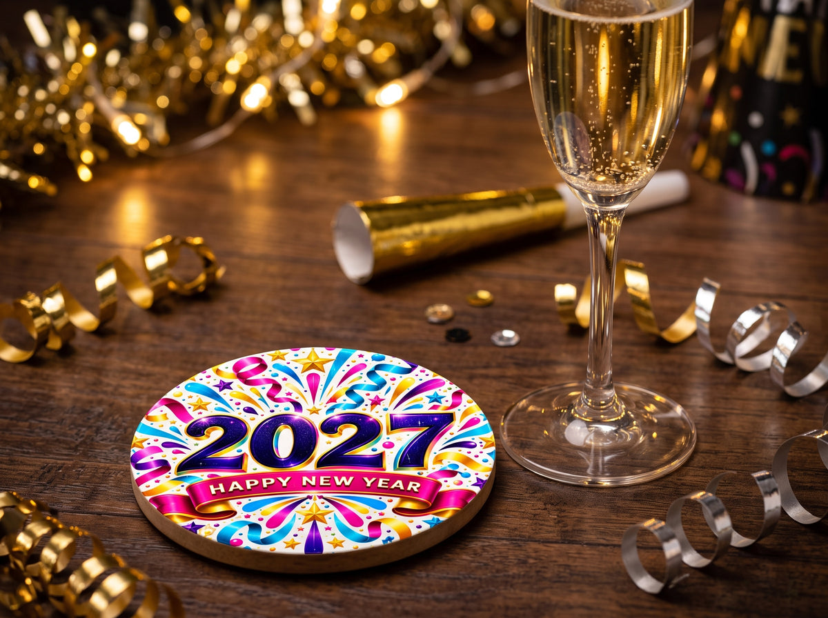 Happy New Year 2027 – Colorful Celebration Wooden Coasters (Set of 2)