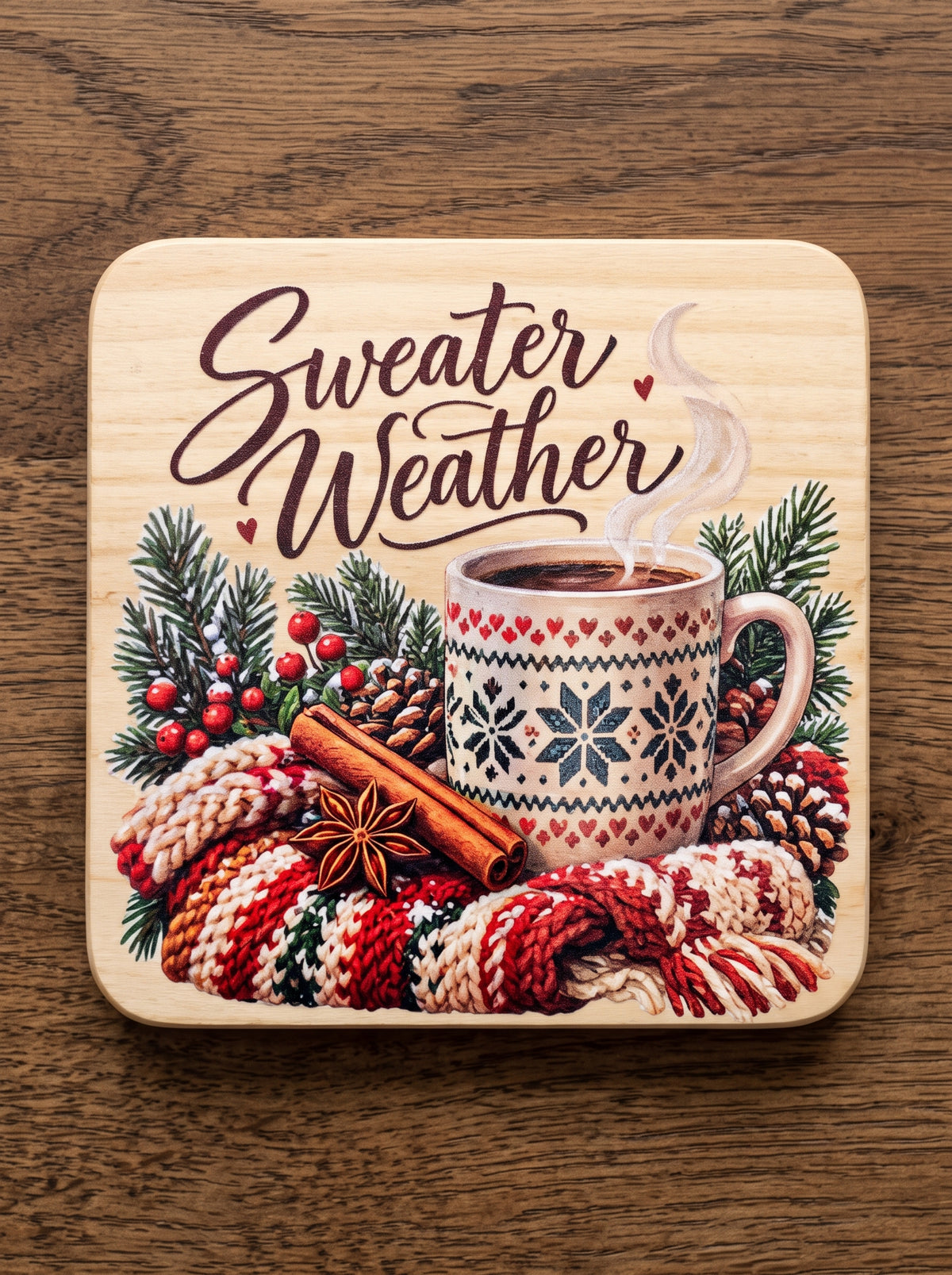 Sweater Weather" Rustic Wooden Coaster – (Set of 2)