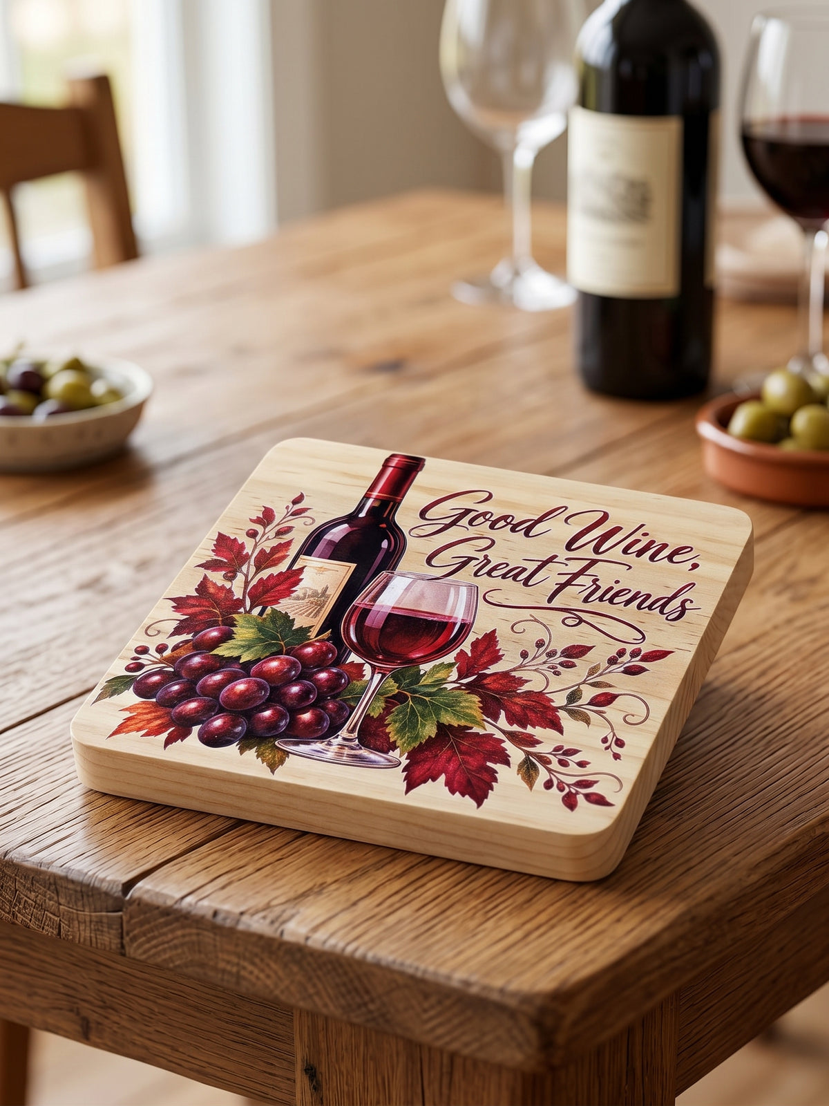 Good Wine, Great Friends" Wooden Coaster – (Set of 2)