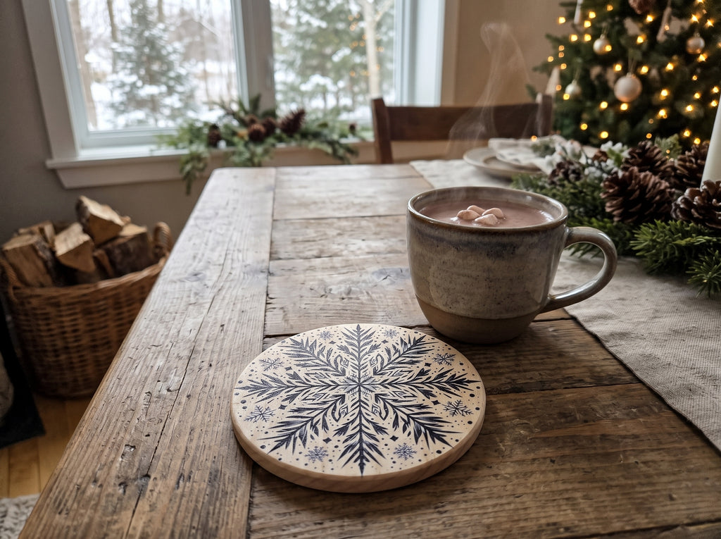 Black Snowflake Round Wooden Coaster – (Set of 2)