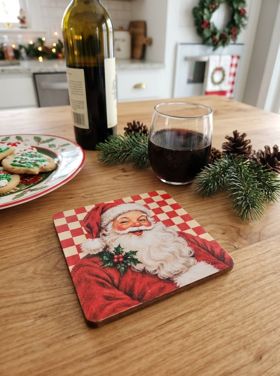 Vintage Jolly Santa Wooden Coaster – (Set of 2)