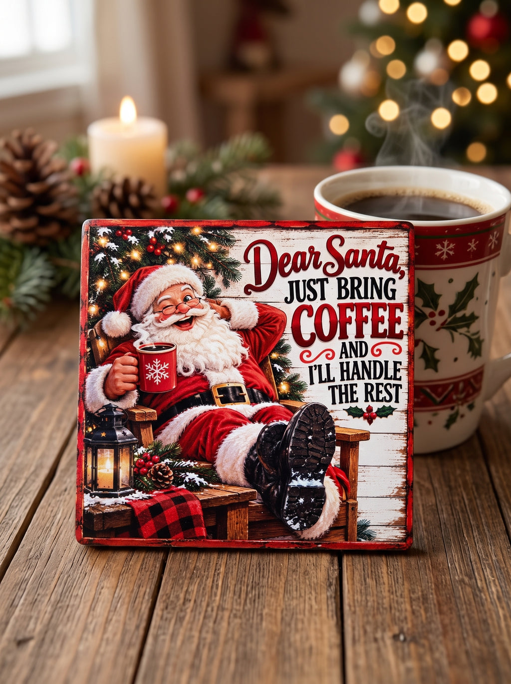 Dear Santa, Just Bring Coffee" Vintage Wooden Coaster – (Set of 2)