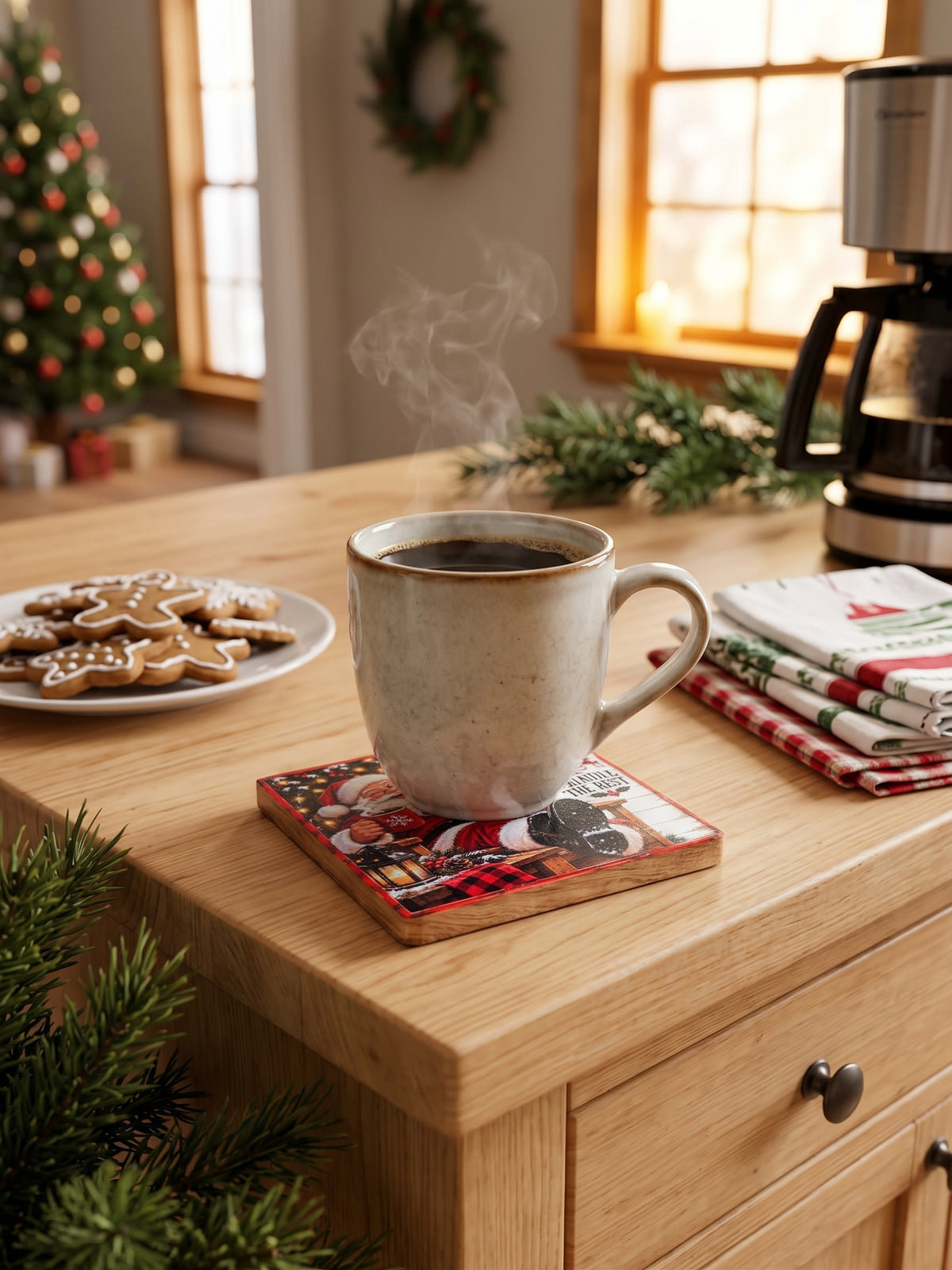 Dear Santa, Just Bring Coffee" Vintage Wooden Coaster – (Set of 2)