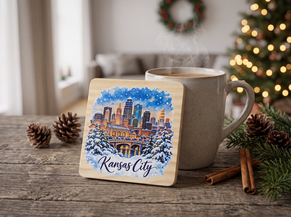 Kansas City Winter Skyline Wooden Coaster – (Set of 2)