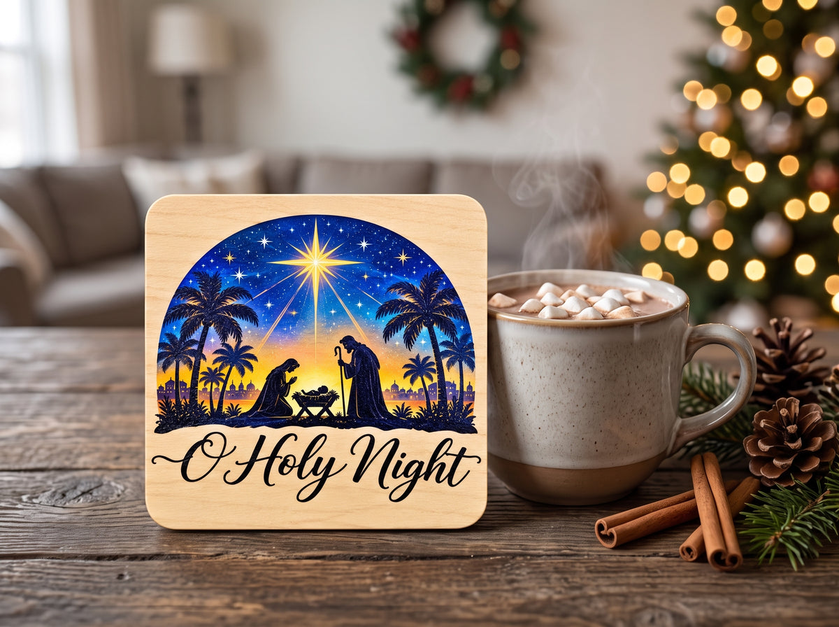 O Holy Night Nativity Scene – UV Printed Wooden Coasters (Set of 2)