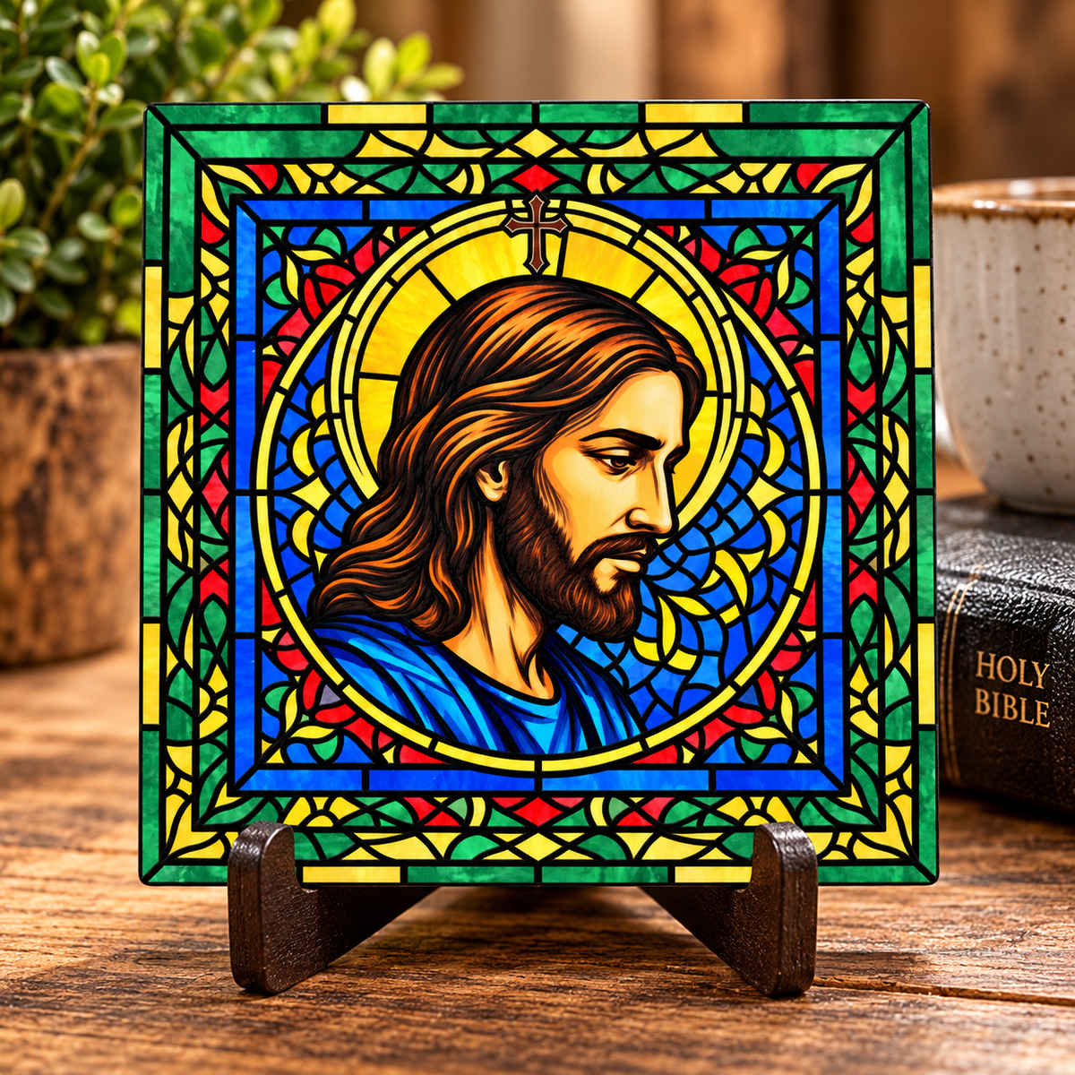 Portrait of Faith — Jesus Stained Glass Ceramic Coasters - (Set of 2)