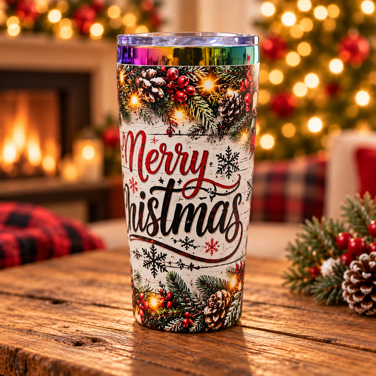 Rustic Merry Christmas 30 oz Tumbler with Lid & Straw