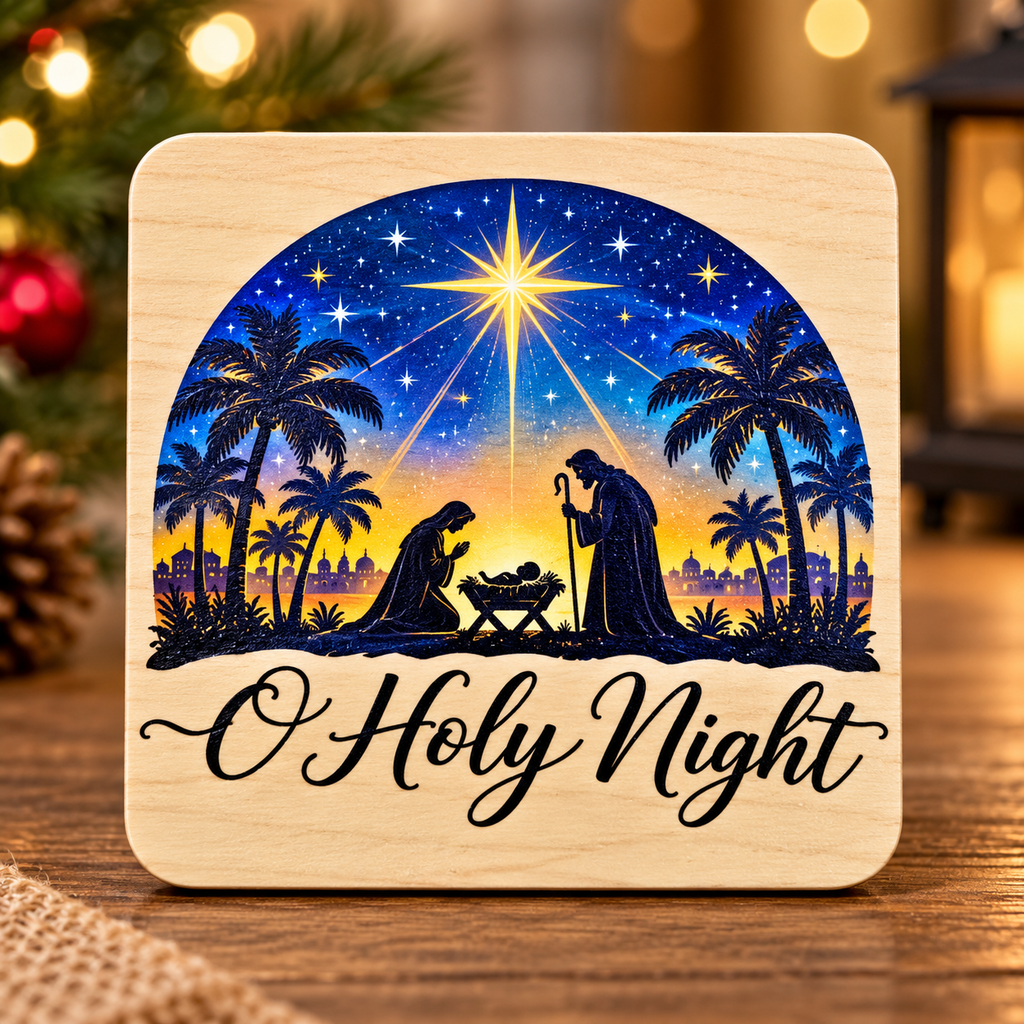 O Holy Night Nativity Scene – UV Printed Wooden Coasters (Set of 2)