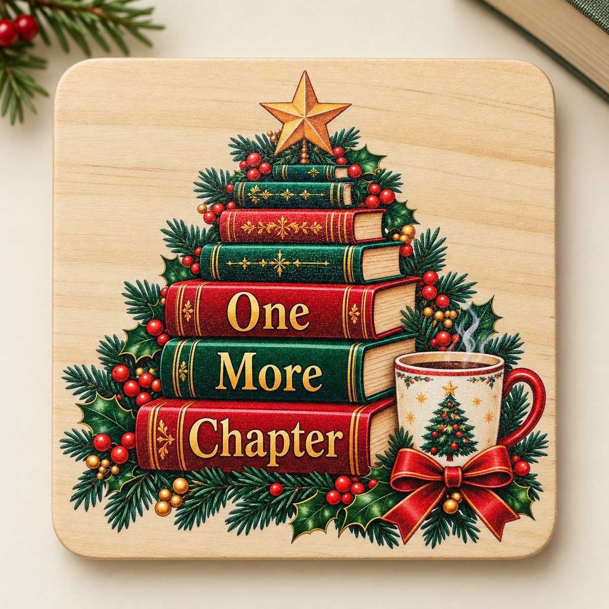 One More Chapter Christmas UV Printed Wooden Coaster – (Set of 2)