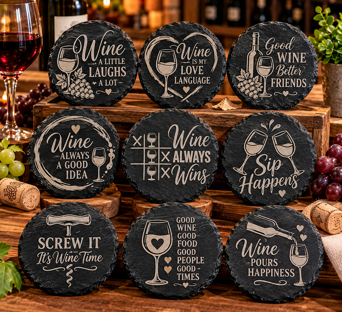 Wine Lover's Collection – Set of 2 Laser Engraved Slate Coasters