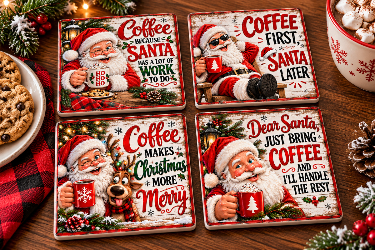 Christmas Coffee Ceramic Coasters – Mix & Match Your Favorites | UV Printed Set of 2