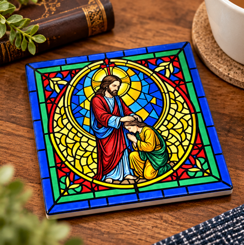 Blessings of Grace — Jesus Stained Glass Ceramic Coasters - (Set of 2)