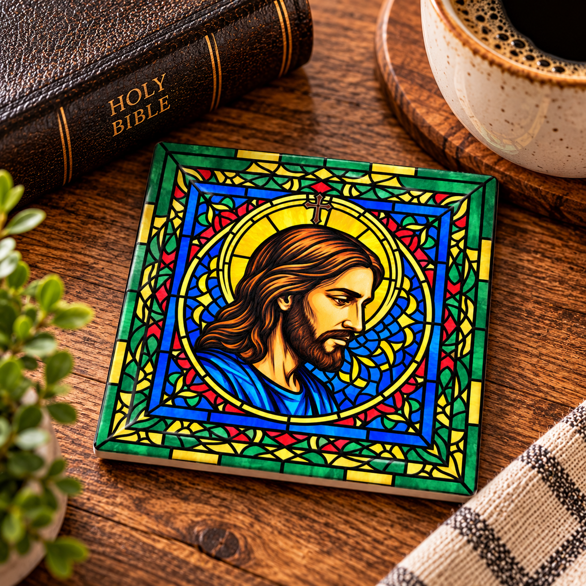 Portrait of Faith — Jesus Stained Glass Ceramic Coasters - (Set of 2)