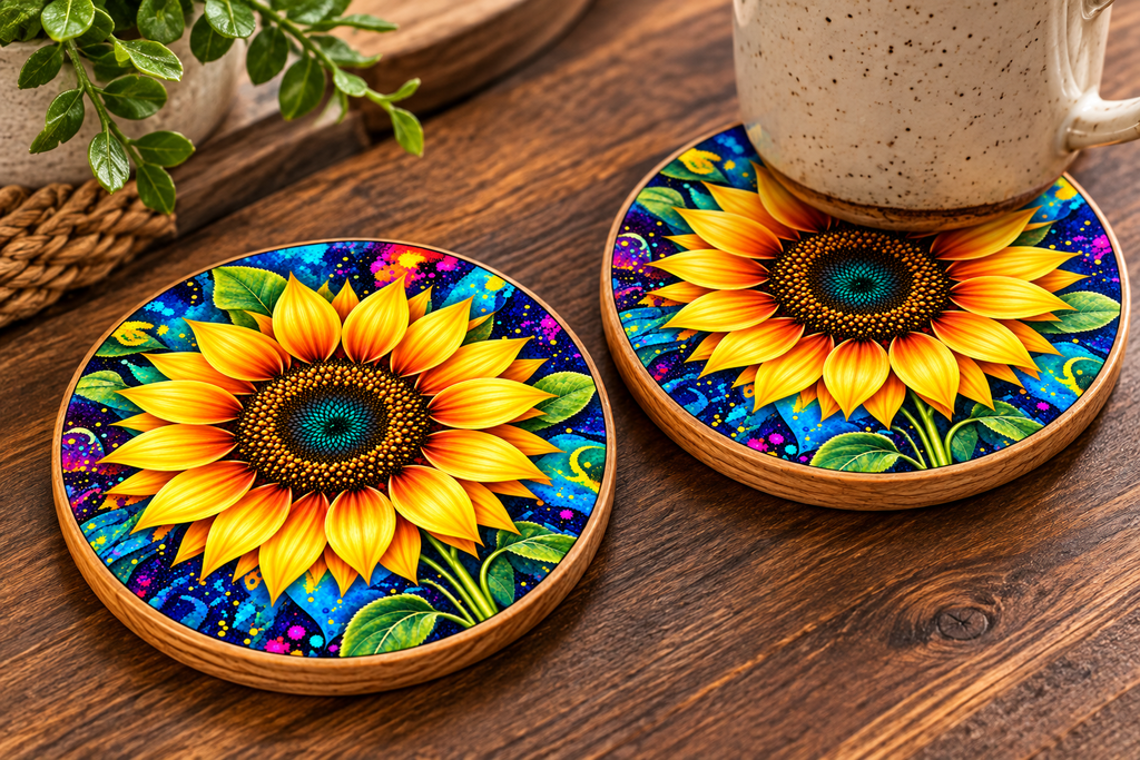 Vibrant Sunflower UV Printed Wood Coasters – Set of 2 | Colorful Floral Design