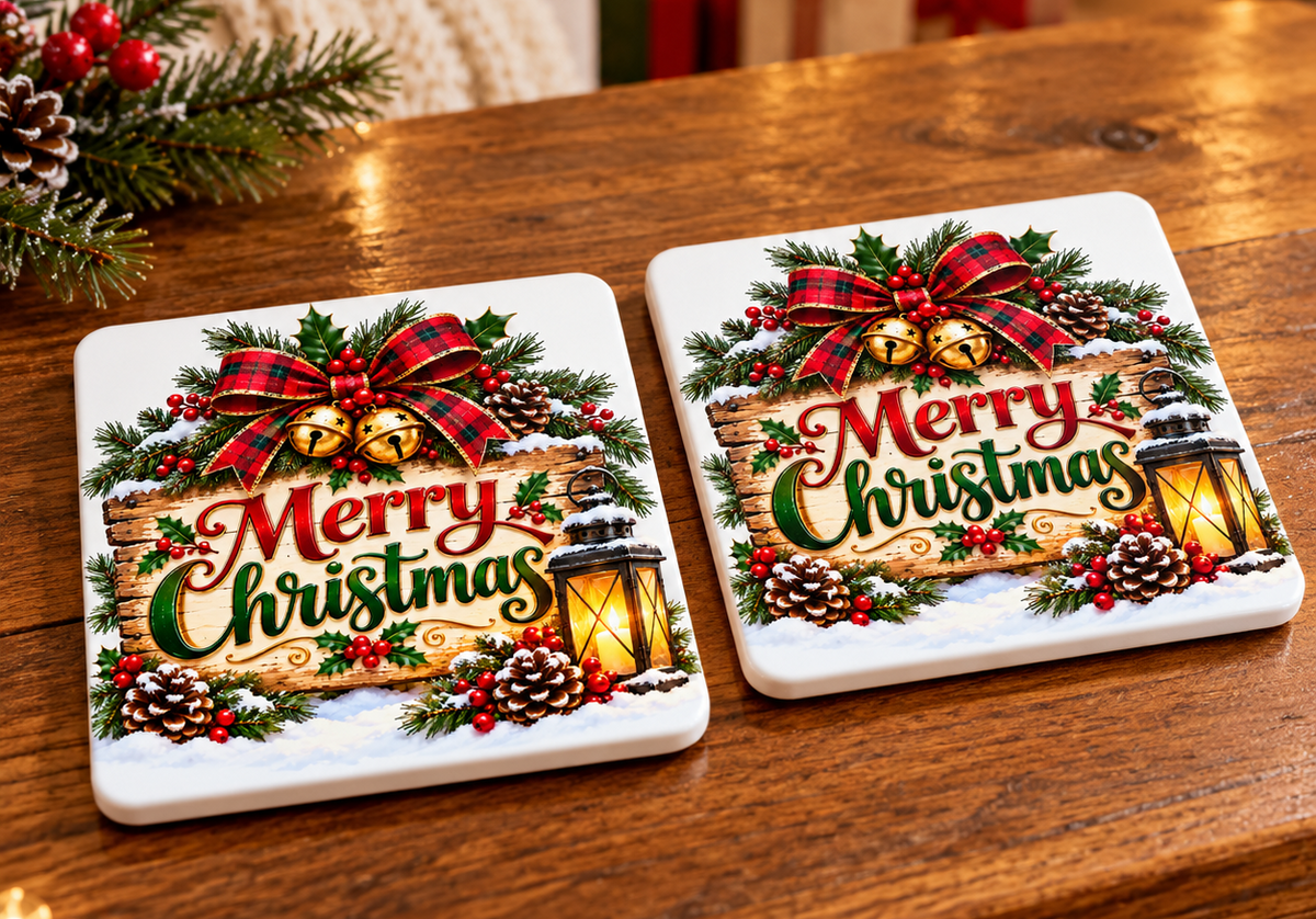 Merry Christmas Ceramic Coasters - Set of 2 Ceramic Coasters