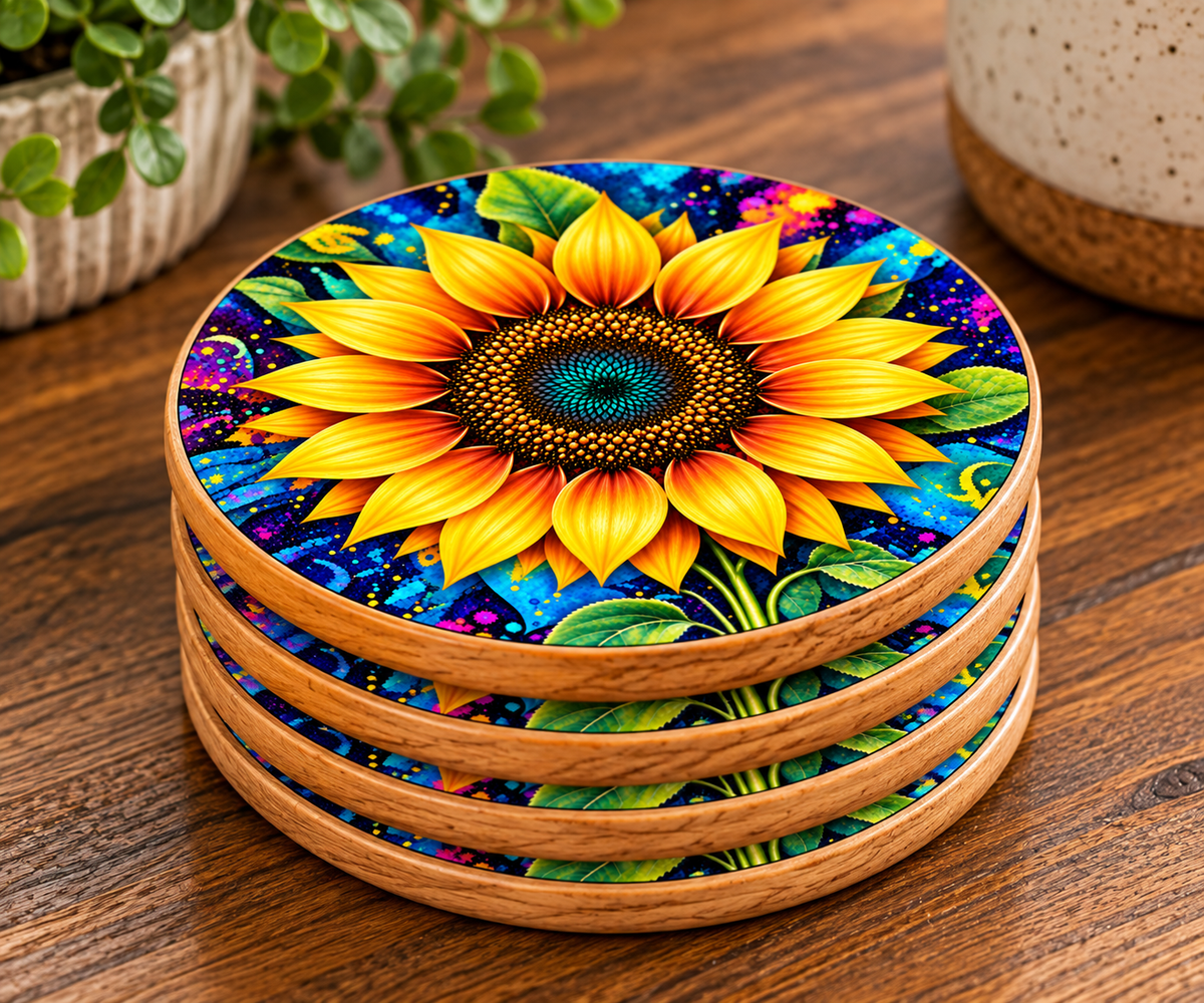 Vibrant Sunflower UV Printed Wood Coasters – Set of 2 | Colorful Floral Design