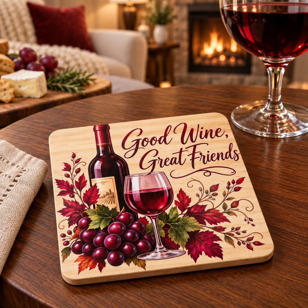 Good Wine, Great Friends" Wooden Coaster – (Set of 2)