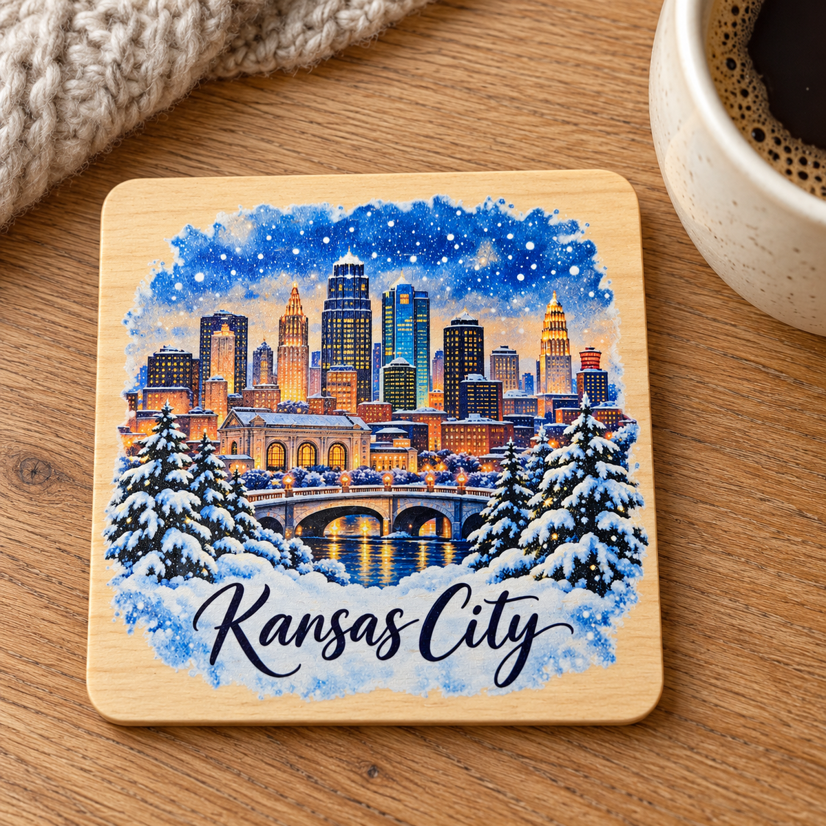 Kansas City Winter Skyline Wooden Coaster – (Set of 2)