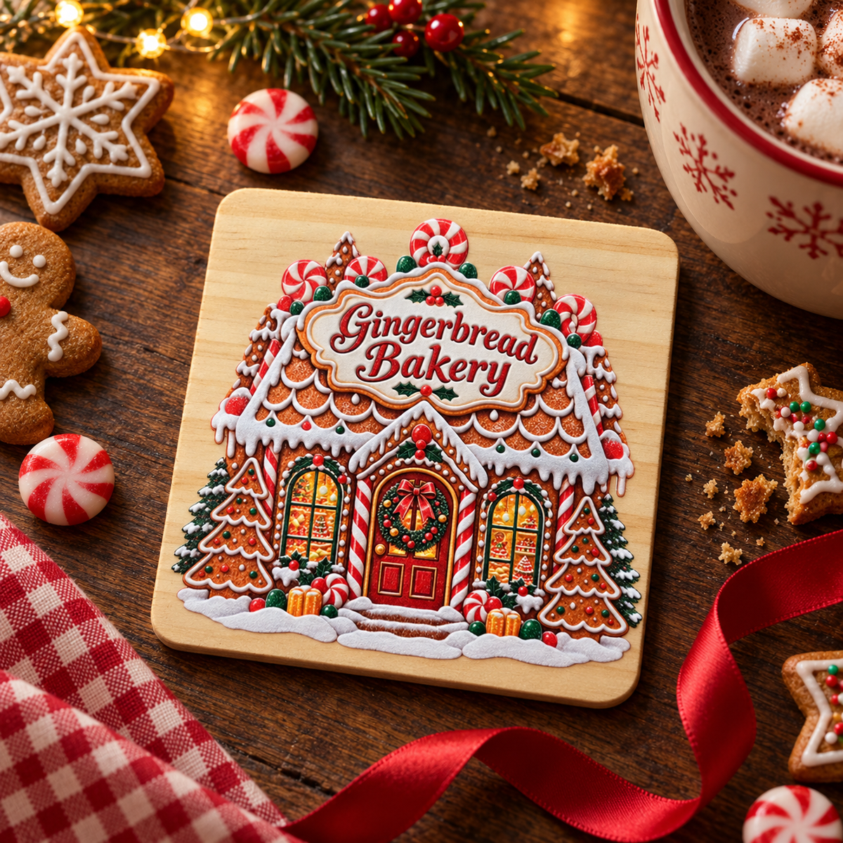Gingerbread Bakery Raised-Texture Wooden Coaster – (Set of 2)