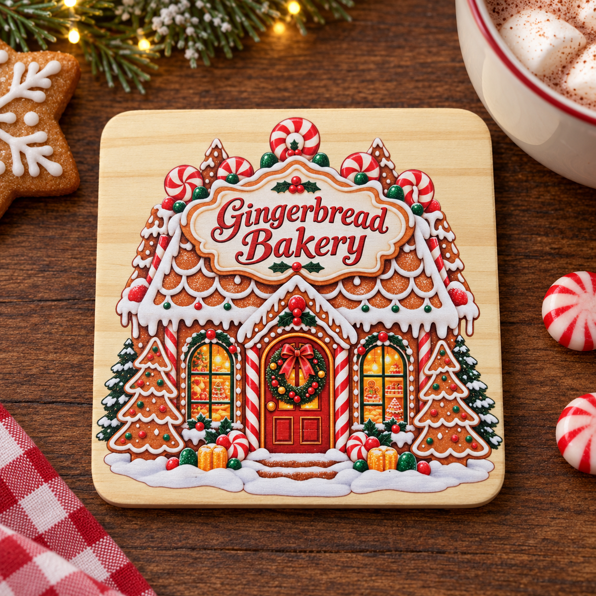 Gingerbread Bakery Christmas Wooden Coaster – (Set of 2)