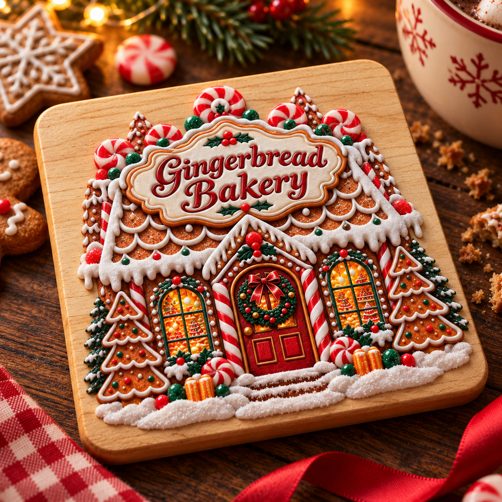 Gingerbread Bakery Raised-Texture Wooden Coaster – (Set of 2)