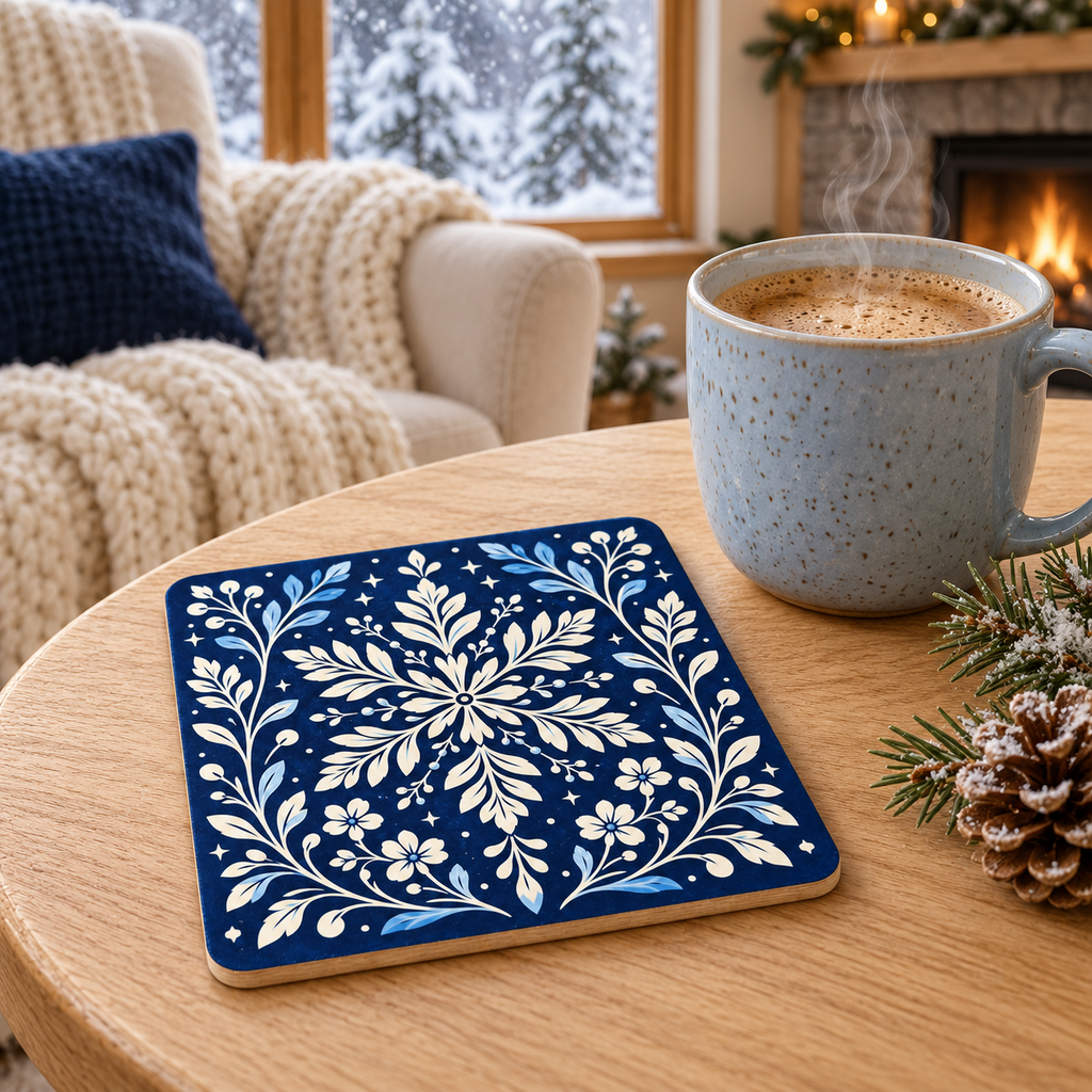 Navy Botanical Snowflake Wooden Coaster – (Set of 2)
