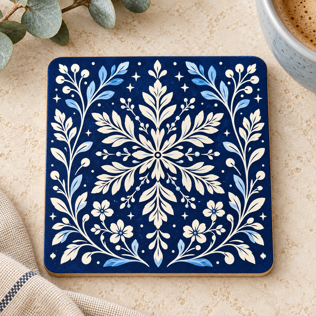 Navy Botanical Snowflake Wooden Coaster – (Set of 2)